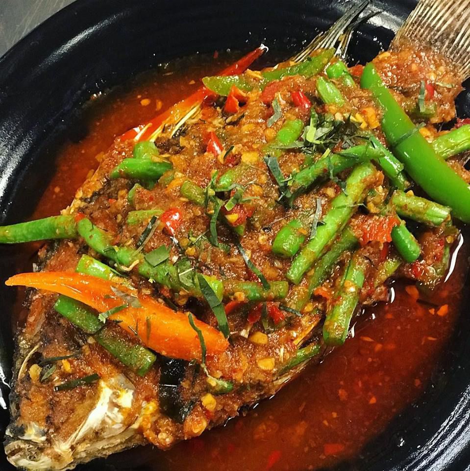 Crispy tilapia in red curry sauce at D E Thai Kitchen