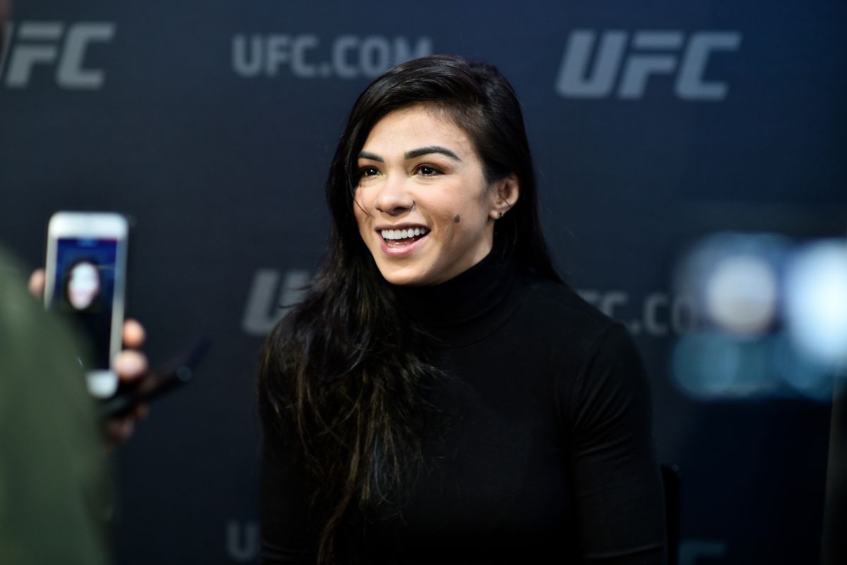 Claudia Gadelha of Brazil interacts with the media during the UFC 246 Ultimate Media Day at UFC APEX on January 16, 2020 in Las Vegas, Nevada.