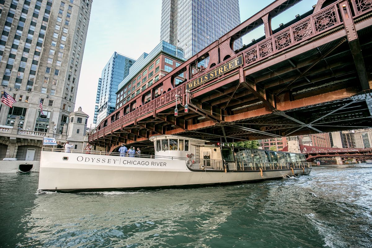 The Odyssey Chicago River passes beneath the Wells Street bridge.