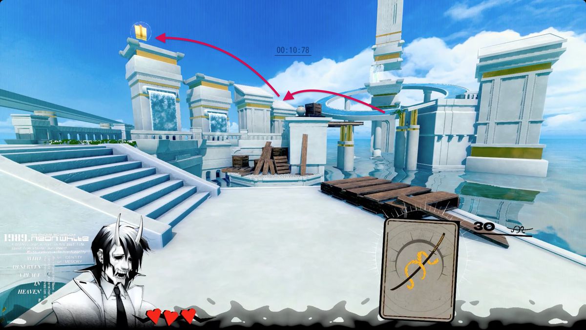 Neon White screenshot of Movement’s end showing the path to reach this level’s gift.