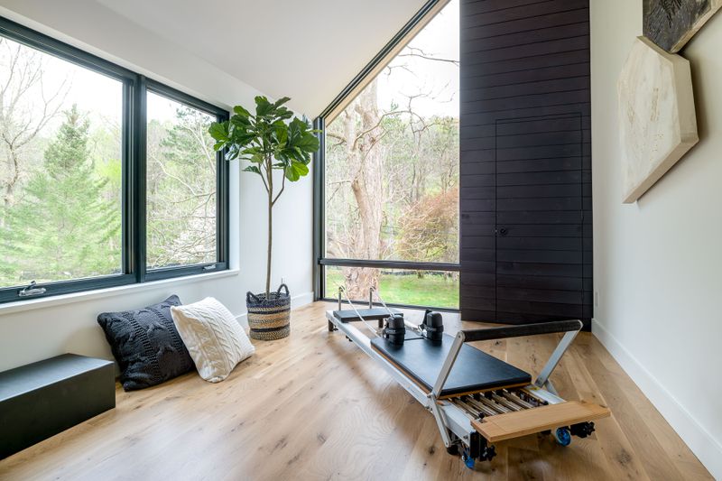 A stained shiplap closet in a workout room with pilates equipment and large windows. 
