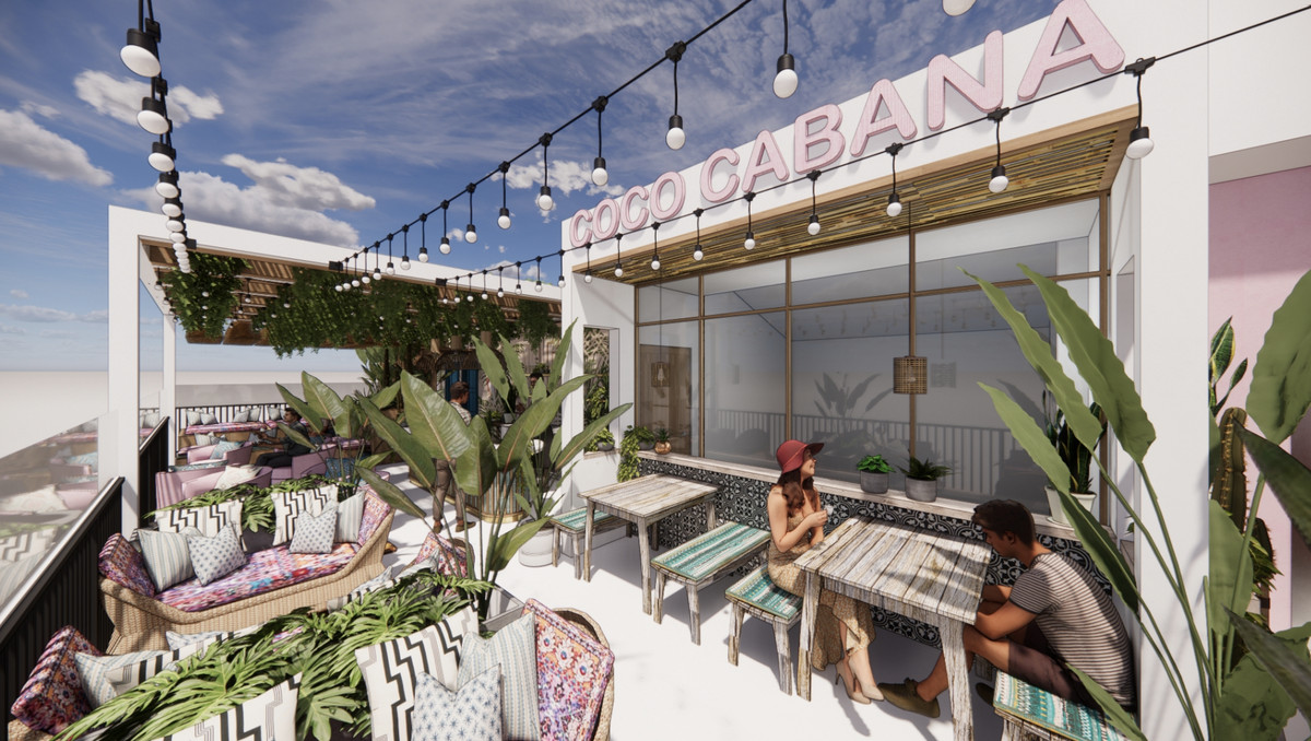 Rendering of a tropical rooftop bar.