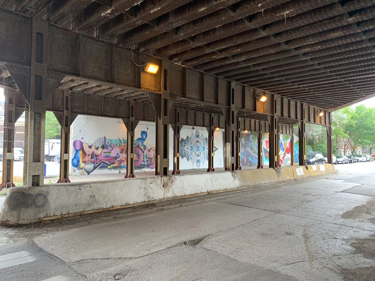 Another cluster of murals in the viaduct where “fnnch” painted his honey bears and the Chicago Truborn gallery finds space for artists to create public art.