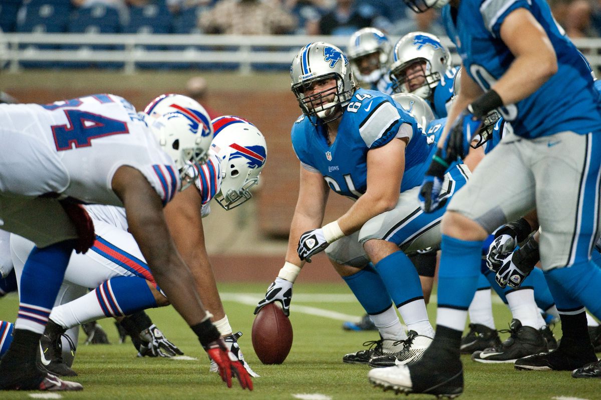 Aug 30, 2012; Detroit, MI, USA; Detroit Lions center Dan Gerberry (64) and the offensive line lines up against the Buffalo Bills defensive line during the fourth quarter of a preseason game at Ford Field. Mandatory Credit: Tim Fuller-US PRESSWIRE