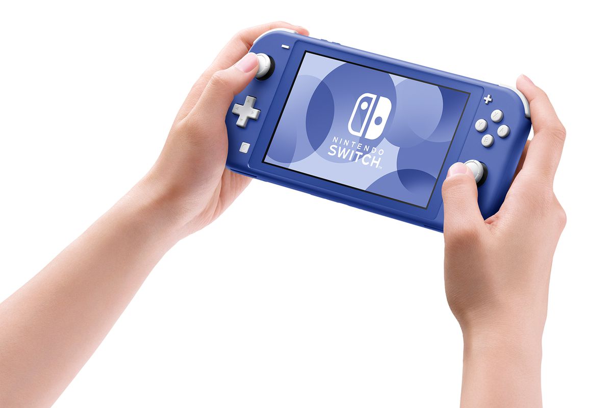 Two hands holding a cool blue Nintendo Switch Lite system