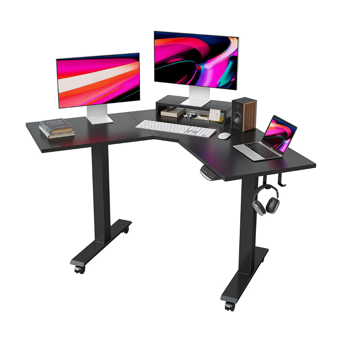FEZIBO L-shaped electric standing desk with two storage hooks on the right side