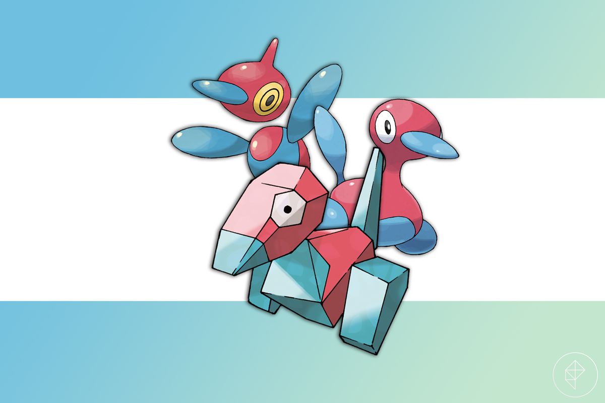Porygon from Pokémon, with its evolutions, Porygon2 and Porygon-Z behind it.