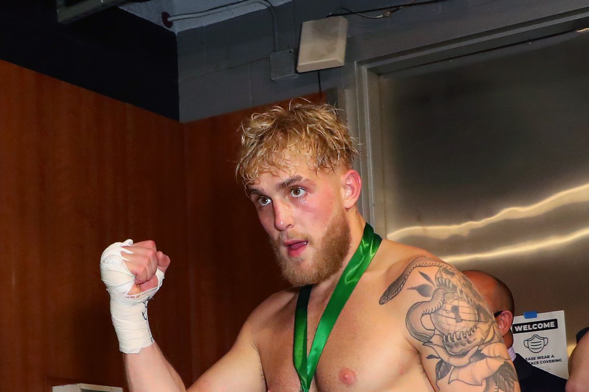 Jake Paul reacts over his knockout victory against Nate Robinson in the second round during Mike Tyson vs Roy Jones Jr. presented by Triller at Staples Center on November 28, 2020 in Los Angeles, California.