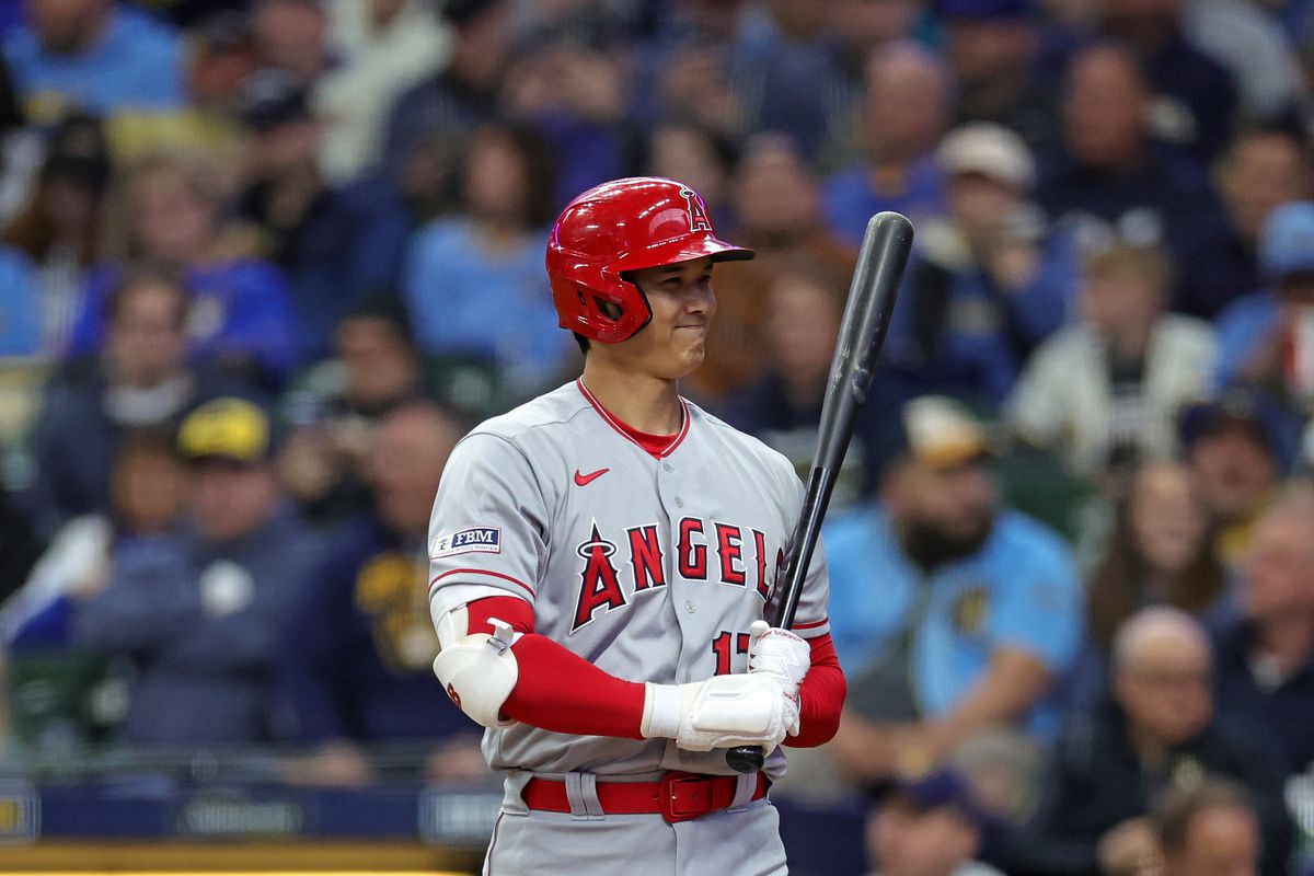 Shohei Ohtani of the Los Angeles Angels at bat during a game against the Milwaukee Brewers at American Family Field on April 29, 2023 in Milwaukee, Wisconsin.