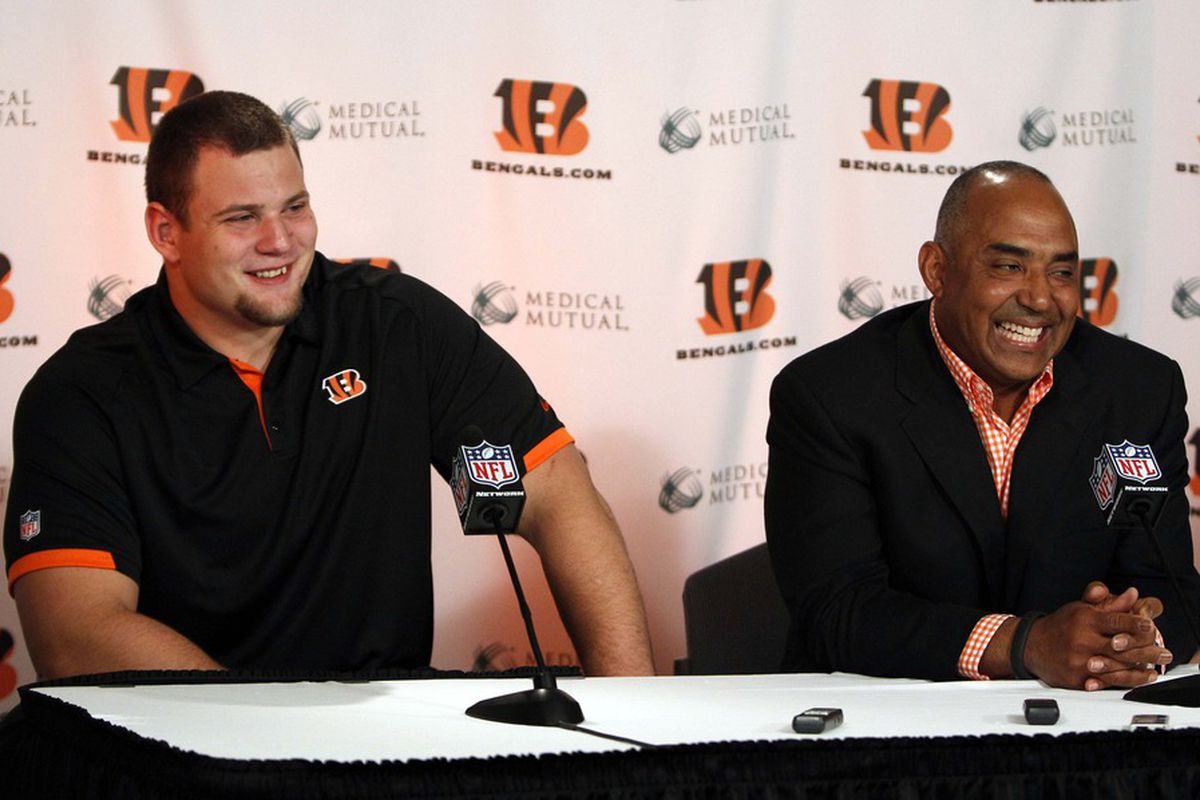 Apr 27, 2012; Cincinnati, OH, USA; Cincinnati Bengals second first round draft pick guard Kevin Zeitler (left) and head coach Marvin Lewis (right) speak during the press conference at Paul Brown Stadium. Mandatory Credit: Frank Victores-US PRESSWIRE