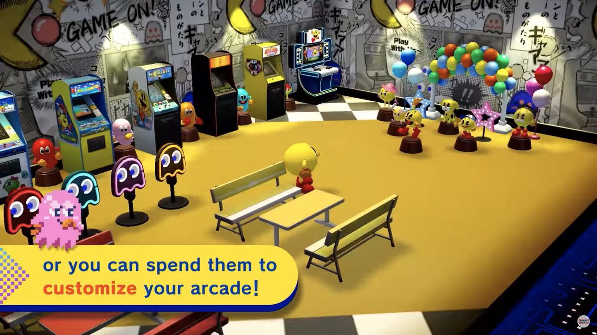 The arcade in Pac-Man Museum Plus, featuring “Pac-Mom” as a collectible trophy.