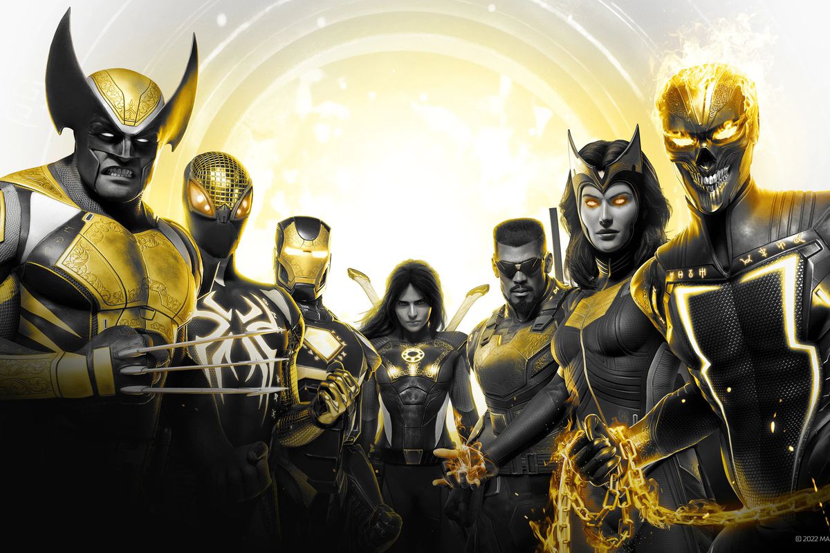 The playable cast of Marvel’s Midnight Suns, lined up and staring at the camera, with The Hunter protagonist at the exact center