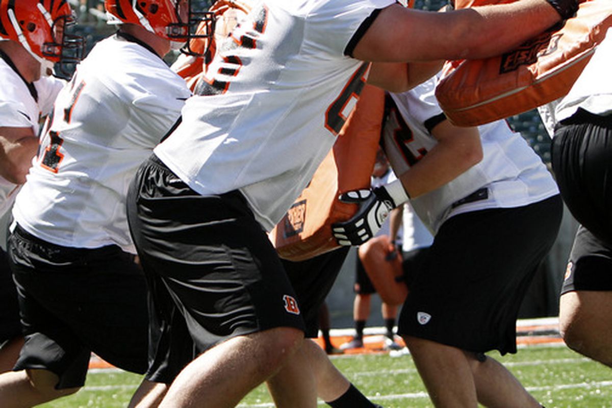 May 11, 2012; Cincinnati, OH, USA; Cincinnati Bengals second first round draft pick guard Kevin Zeitler (68) works out during mini camp at Paul Brown Stadium in Cincinnati, OH. Mandatory Credit: Frank Victores-US PRESSWIRE