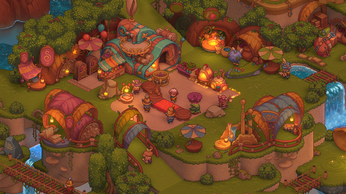 A group of yordles gather around a table in the middle of their cozy village in an image from Bandle Tale: A League of Legends Story.