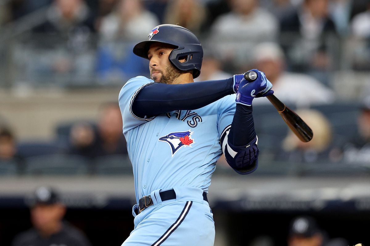 George Springer #4 of the Toronto Blue Jays hits a double in the first inning against the New York Yankees at Yankee Stadium on April 21, 2023 in the Bronx borough of New York City.