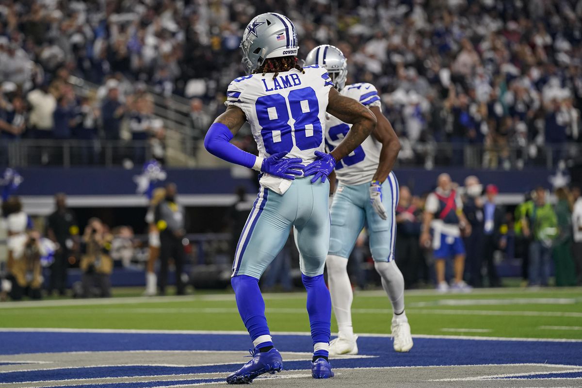 CeeDee Lamb #88 of the Dallas Cowboys celebrates after scoring a touchdown during the second quarter of a game against the Philadelphia Eagles at AT&amp;T Stadium on December 24, 2022 in Arlington, Texas.