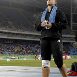 New Zealand's Valerie Adams competes in the final of the women's shot put during the athletics competitions of the 2016 Summer Olympics at the Olympic stadium in Rio de Janeiro, Brazil, Friday, Aug. 12, 2016.