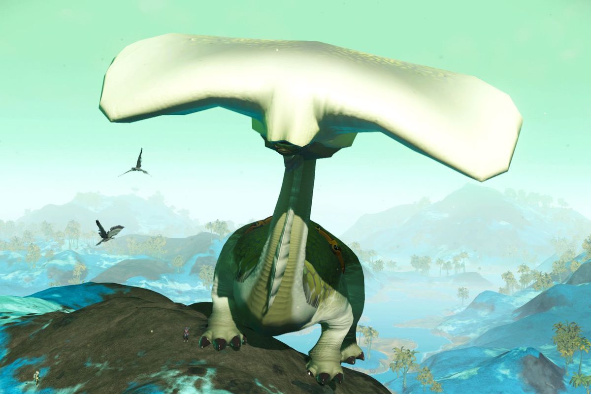 No Man’s Sky - a giant dinosaur creature with a big mushroom head stands proudly on a mountain top as two birds fly nearby