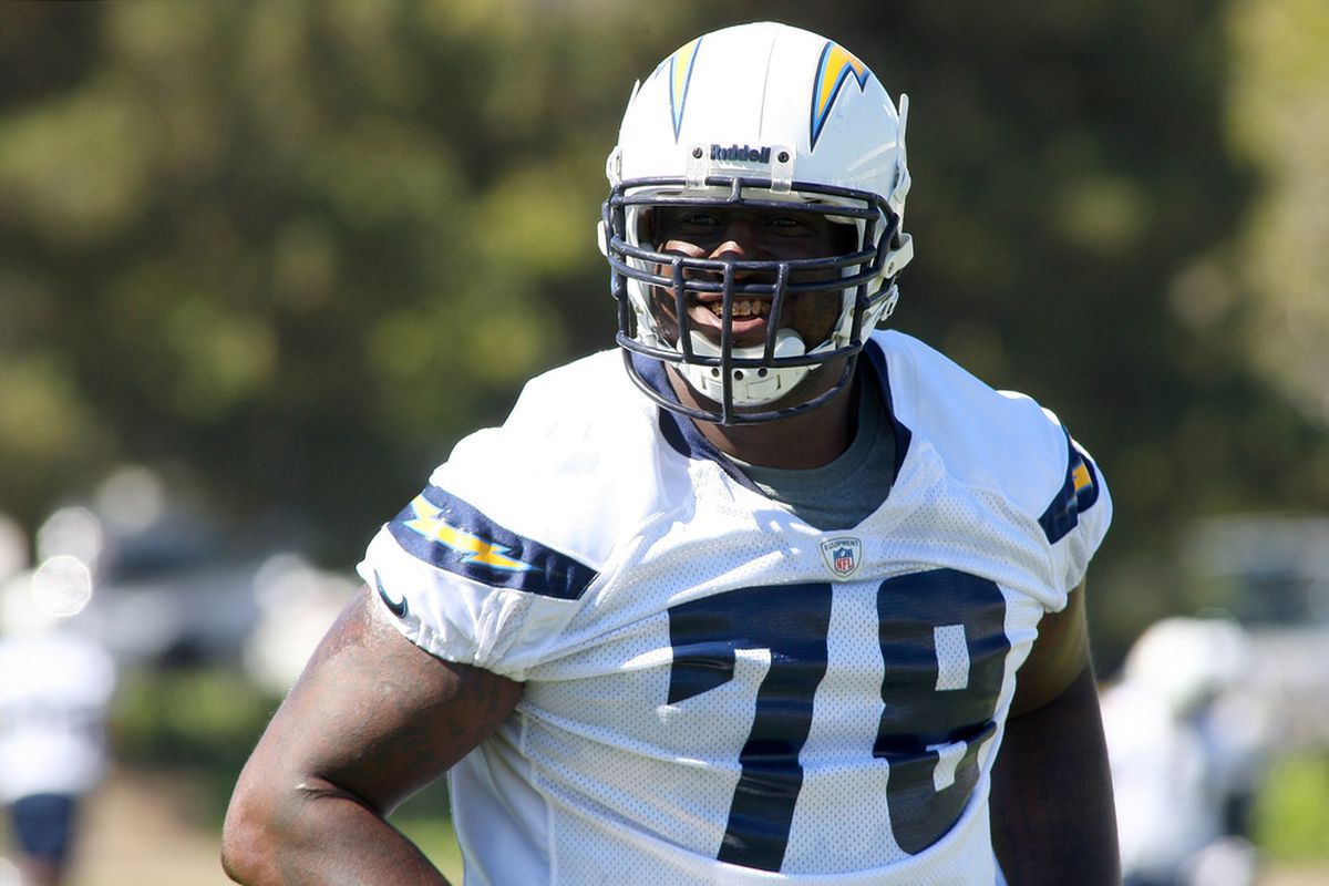 June 19, 2012; San Diego, CA, USA; San Diego Chargers offensive tackle Jared Gaither (78) smiles during a drill during minicamp at Charger Park. Mandatory Credit: Jake Roth-US PRESSWIRE