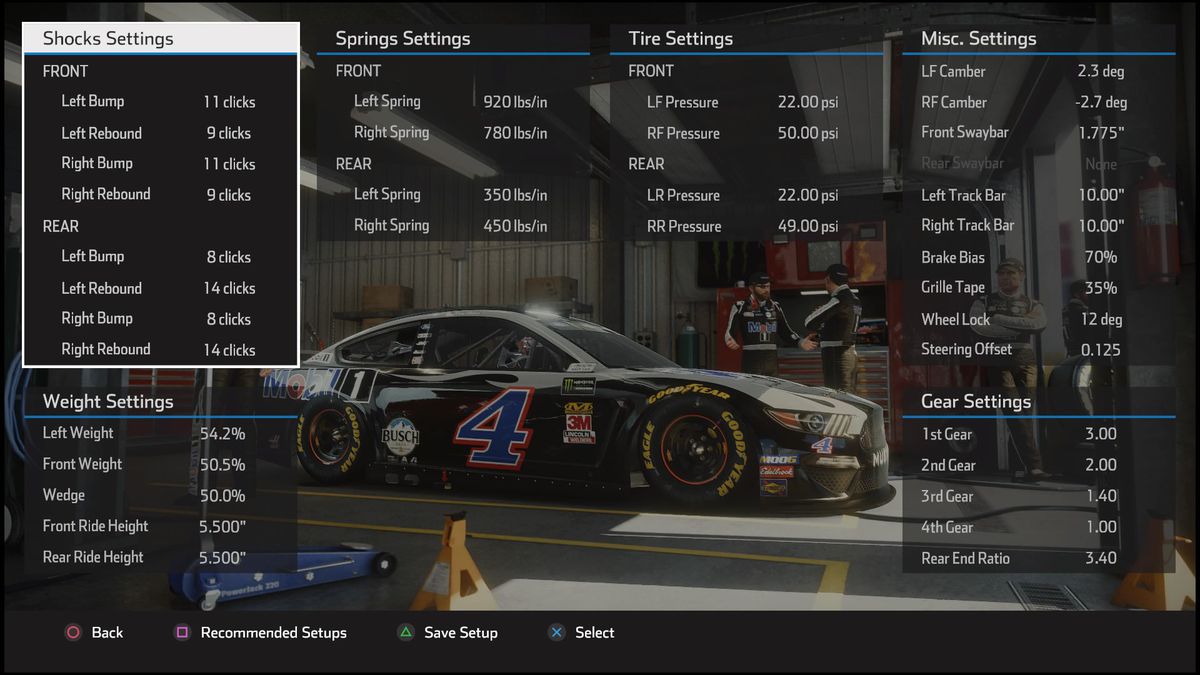 screenshot showing the setup menu of NASCAR Heat 4, numerous menus and numbers over a garage scene