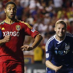 RSL's Alvaro Saborio eyes the ball as it comes at him in front of the goal as Real Salt Lake and the Carolina RailHawks play in the U.S. Open Cup on Wednesday, June 26, 2013 at Rio Tinto Stadium in Sandy. RSL beat Carolina 3-0.