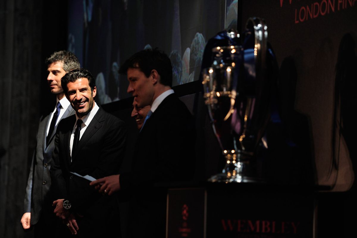 LONDON, ENGLAND - APRIL 20:  Luis Figo attends the UEFA Champions League Trophy handover on April 20, 2011 in London, England.  (Photo by Jamie McDonald/Getty Images)