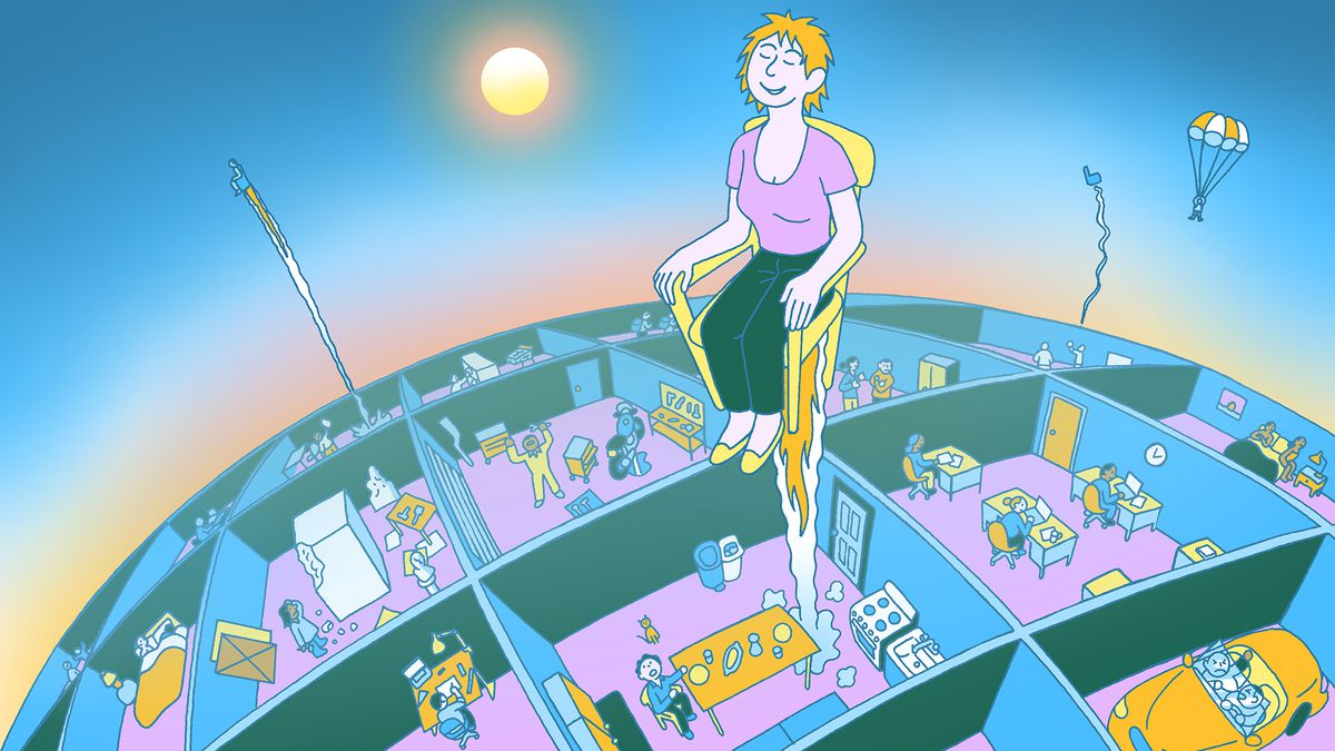 An illustration shows a woman in an office chair launching into the air, away from a grid of cubicles.