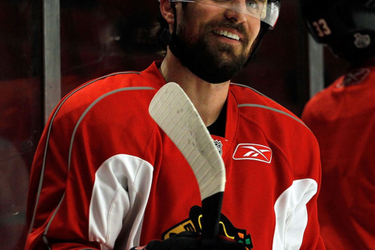 CHICAGO - MAY 28: Patrick Sharp #10 of the Chicago Blackhawks smiles during Stanley Cup practice at the United Center on May 28, 2010 in Chicago, Illinois. (Photo by Jonathan Daniel/Getty Images)