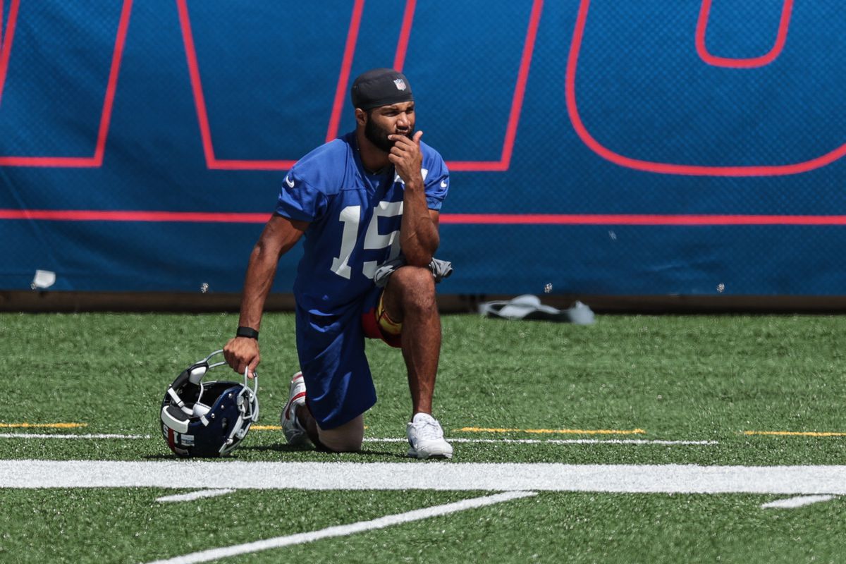 New York Giants wide receiver Golden Tate looks on during the Blue-White Scrimmage at MetLife Stadium.
