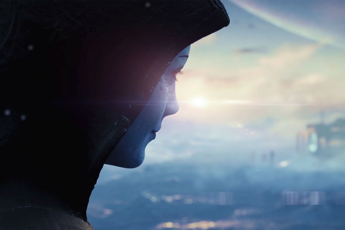 A still from the teaser of the next Mass Effect, showing an Asari woman overlooking a snowy horizon