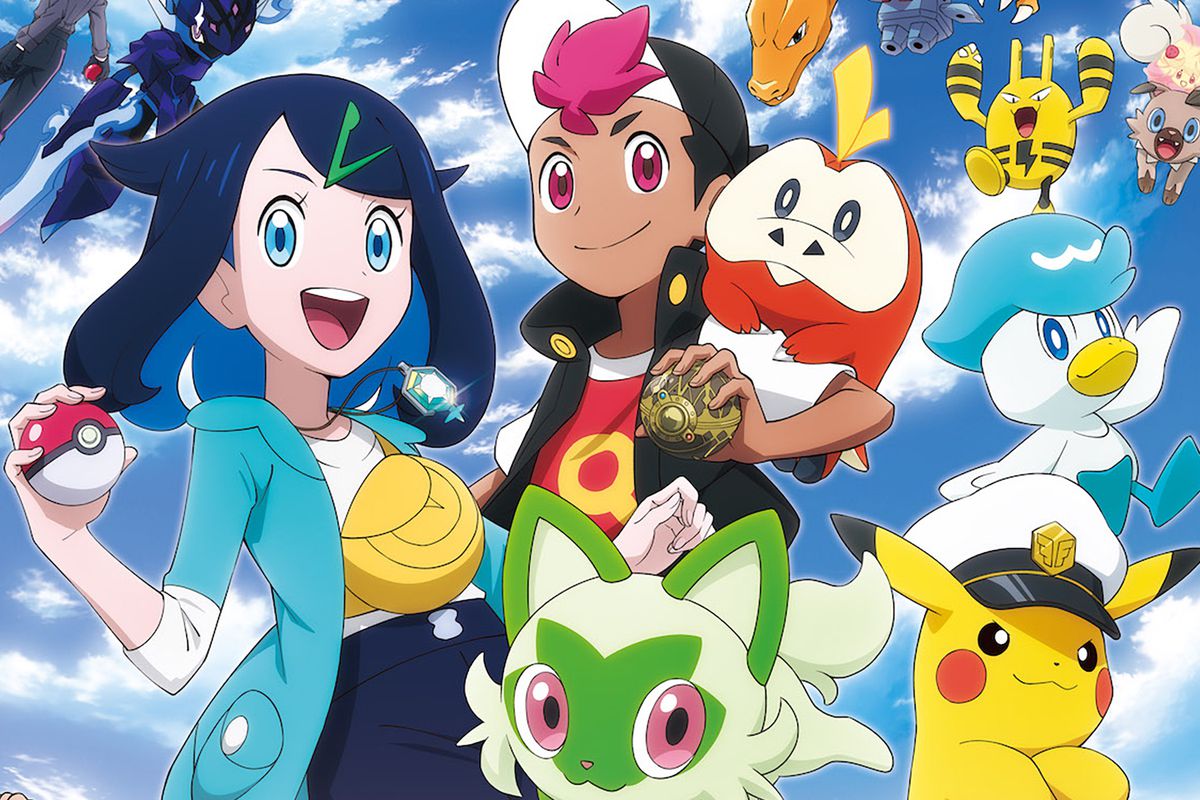 Artwork for Pokémon Horizons: The Series, featuring main characters Liko and Roy, and Pokémon Sprigatito, Fuecoco, and Captain Pikachu