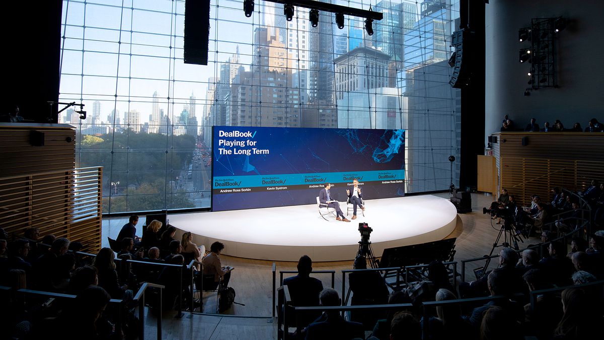 Kevin Systrom speaks with Andrew Ross Sorkin of the New York Times at the DealBook conference in 2019.
