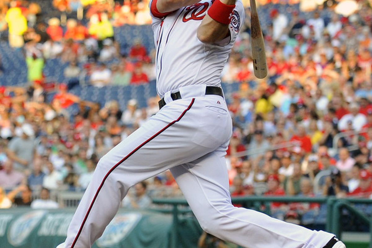 June 20, 2012; Washington, D.C., USA; Washington Nationals third baseman Ryan Zimmerman (11) at bat in the first inning against the Tampa Bay Rays at Nationals Park. The Nationals defeated the Rays 3 - 2. Mandatory Credit: Joy R. Absalon-US PRESSWIRE
