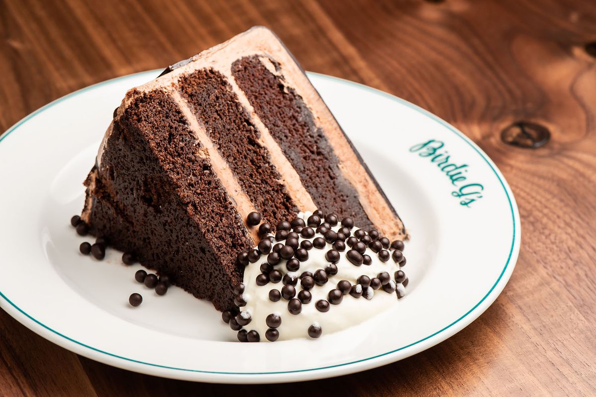 A slice of malted chocolate cake at Birdie G’s.