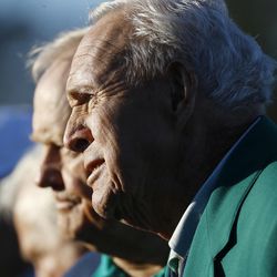 Arnold Palmer stands with Jack Nicklaus before the ceremonial first tee before the first round of the Masters golf tournament Thursday, April 7, 2016, in Augusta, Ga.  
