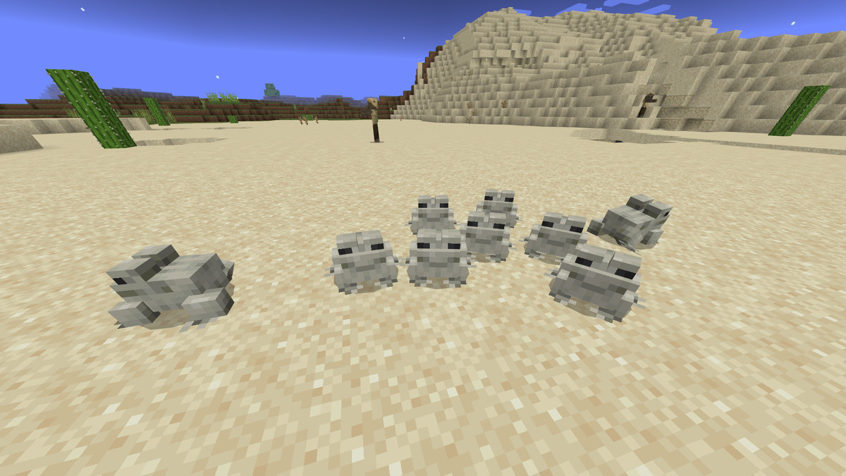 A group of white Minecraft frogs in the desert