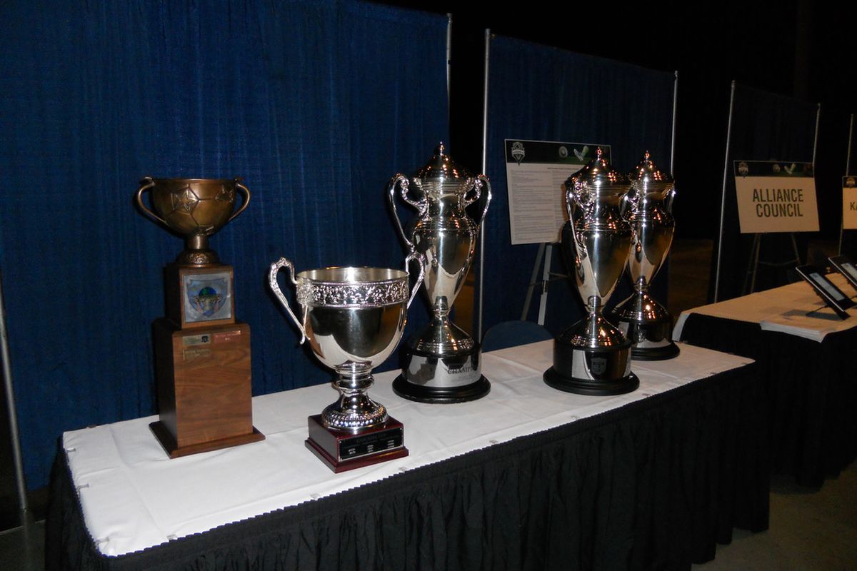 Seattle Sounders FC's Five Cups From Left To Right - Heritage, Cascadia, USOC 2010, USOC 2011, USOC 2009