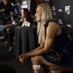 Yana Kunitskaya answers questions at UFC 222 media day.