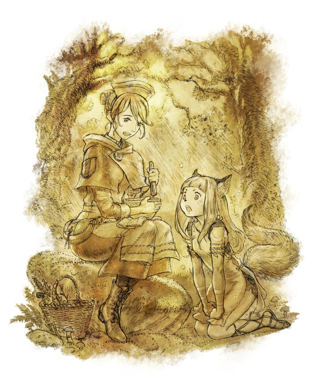 Ochette and Castti from Octopath Traveler 2, drawn with sepia tones. Castti is mixing up medicine in a bowl as Ochette watches