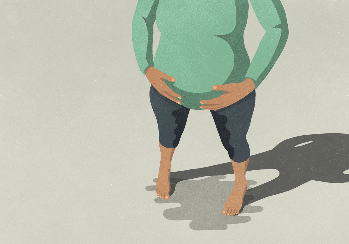 Illustration of a headless pregnant body with hands on the baby bump and a puddle of amniotic fluid between the feet.