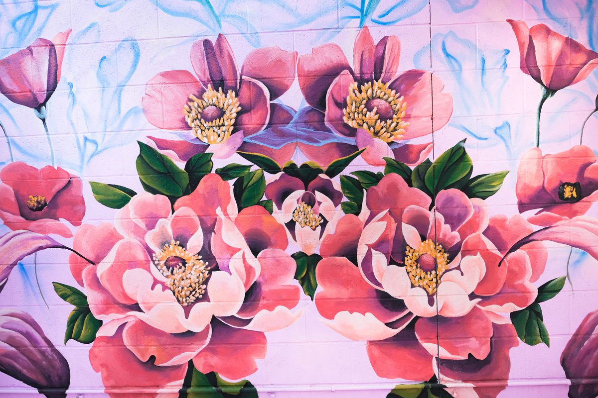 A closeup of a floral mural