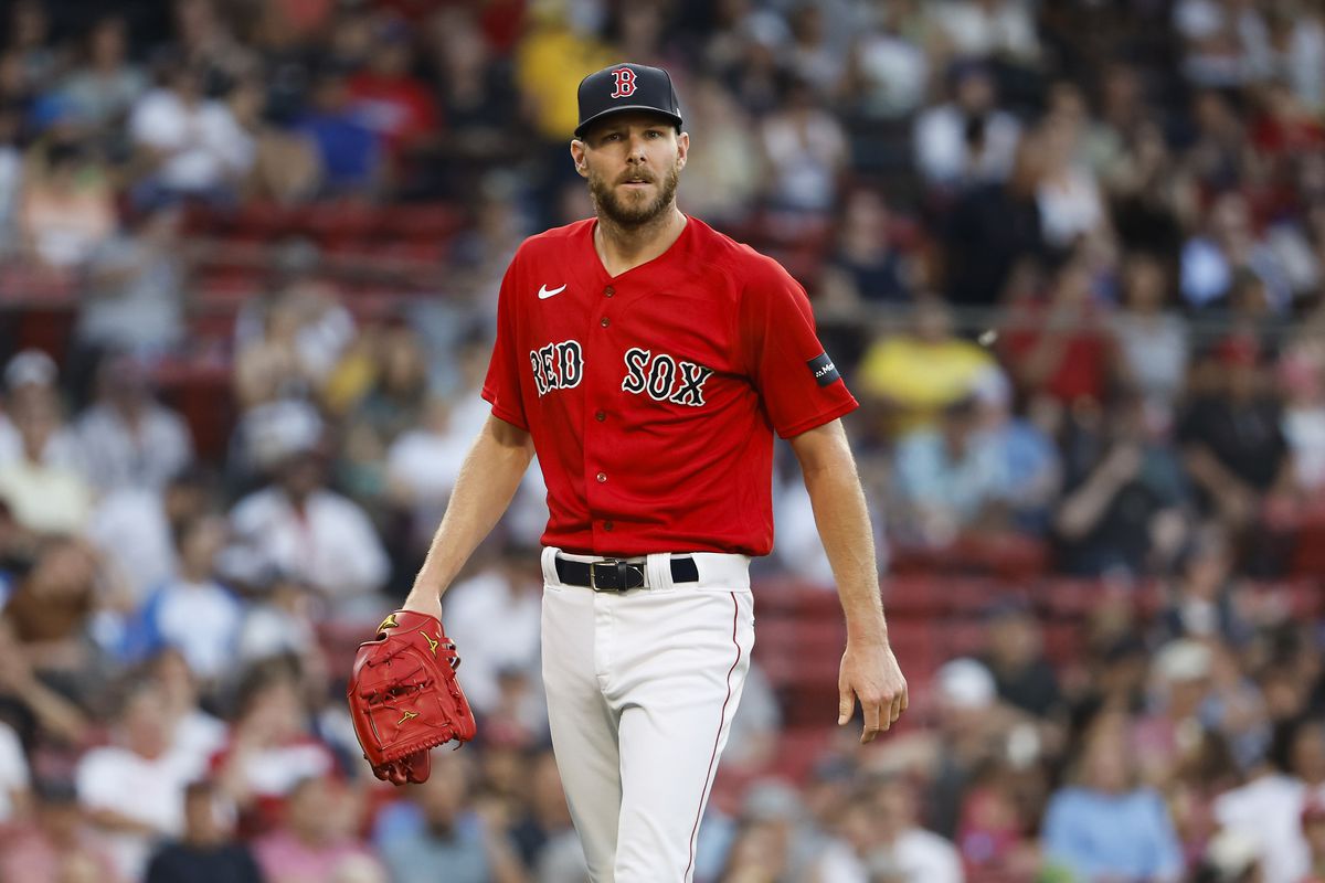 Chris Sale of the Boston Red Sox walks off the mound after striking out the side during the first inning against the Cincinnati Reds at Fenway Park on June 1, 2023 in Boston, Massachusetts.
