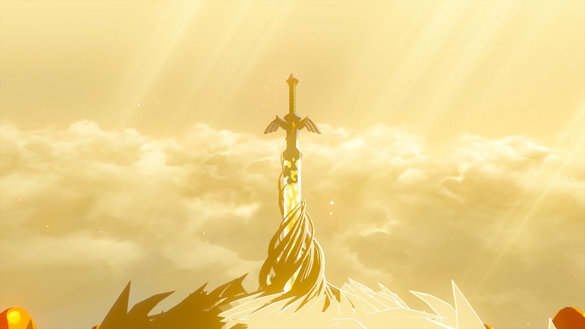 The Master Sword shines against a sunset in Zelda Tears of the Kingdom.