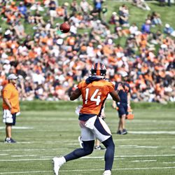 Denver Broncos rookie WR Courtland Sutton prepares to make a catch on his first day of training camp.