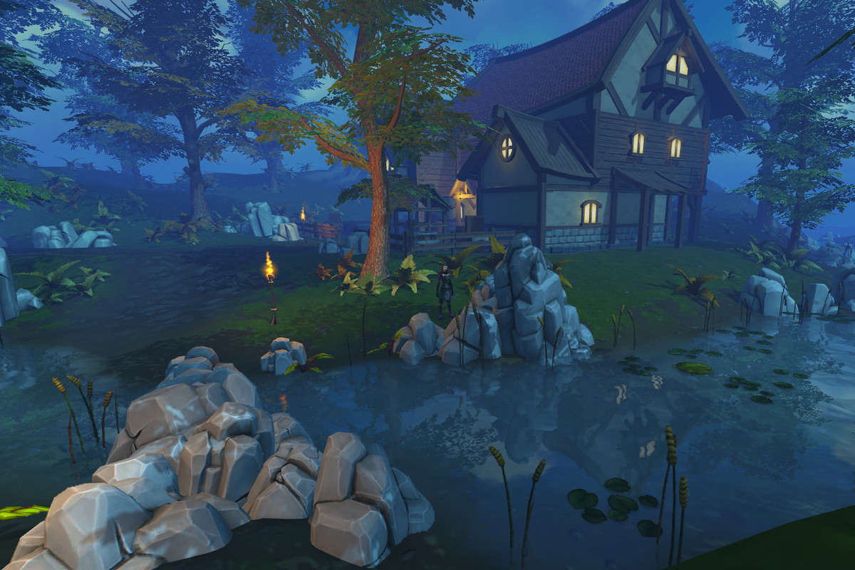 A house in the fantasy world of RuneScape, at night, beside a pond.