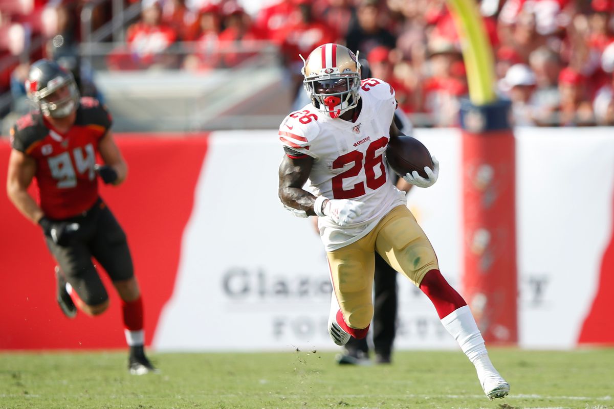 Tevin Coleman of the San Francisco 49ers rushes during the game against the Tampa Bay Buccaneers at Raymond James Stadium on September 8, 2019 in Tampa, Florida.