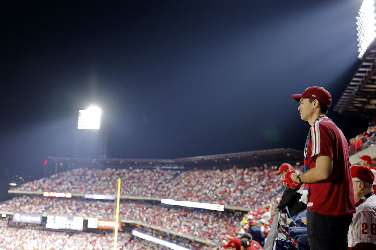 A fan looks on during Game 3 of the 2022 World Series between the Houston Astros and the Philadelphia Phillies at Citizens Bank Park on Tuesday, November 1, 2022 in Philadelphia, Pennsylvania.