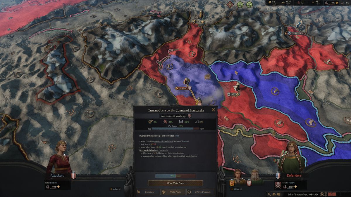 The war score is stuck at 75% while a massive army bears down from the north in Crusader Kings 3
