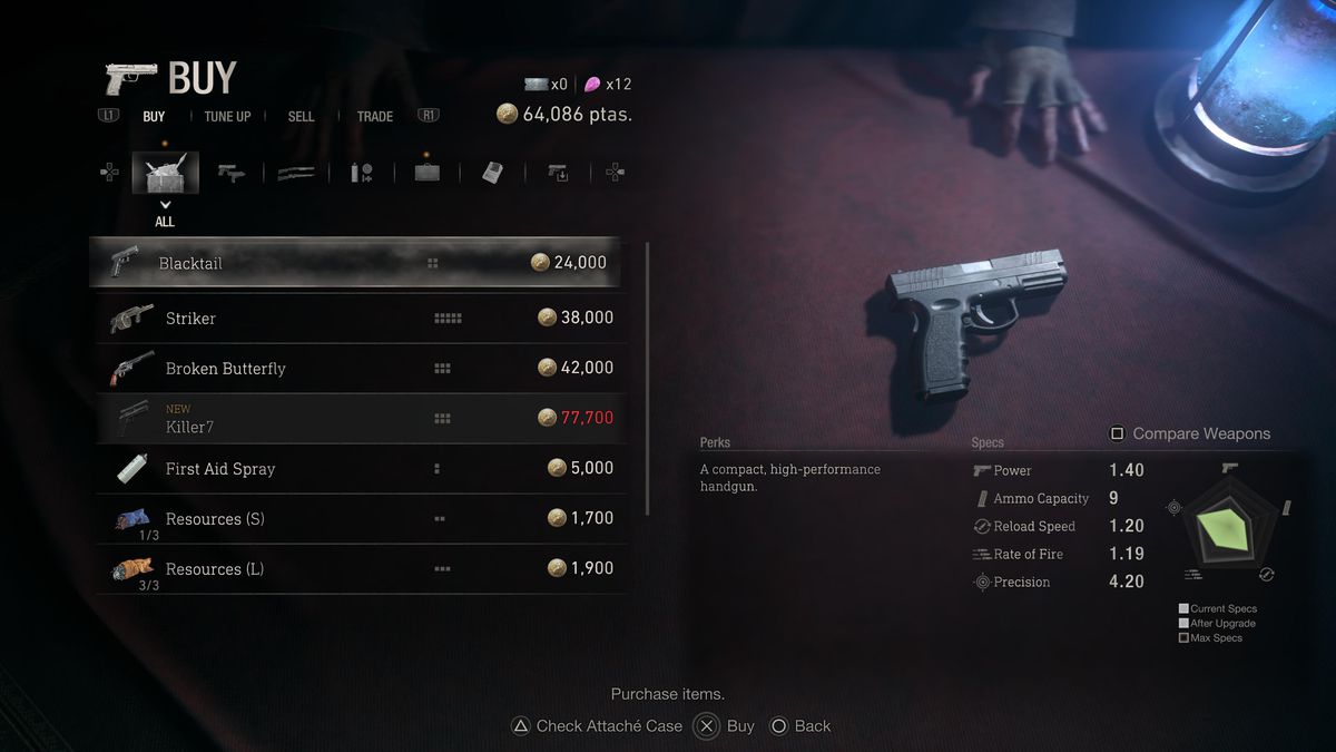A screen of the Peseta prices of weapons at the Merchant’s store in the Resident Evil 4 remake