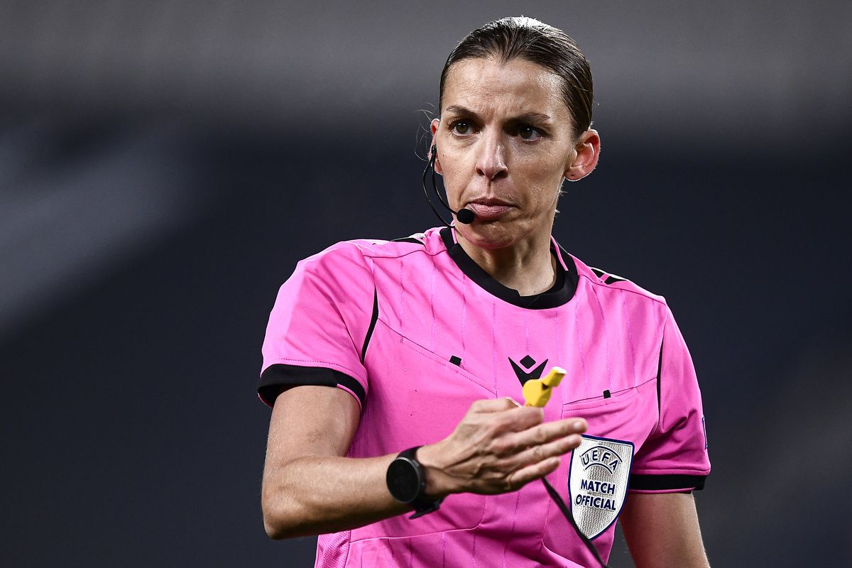 Referee Stephanie Frappart gestures during the UEFA...
